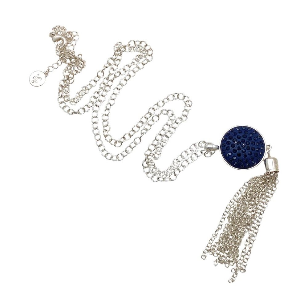 Liz Claiborne Necklace 34" Silver Plated Blue Rhinestone Pendant Tassel Charm